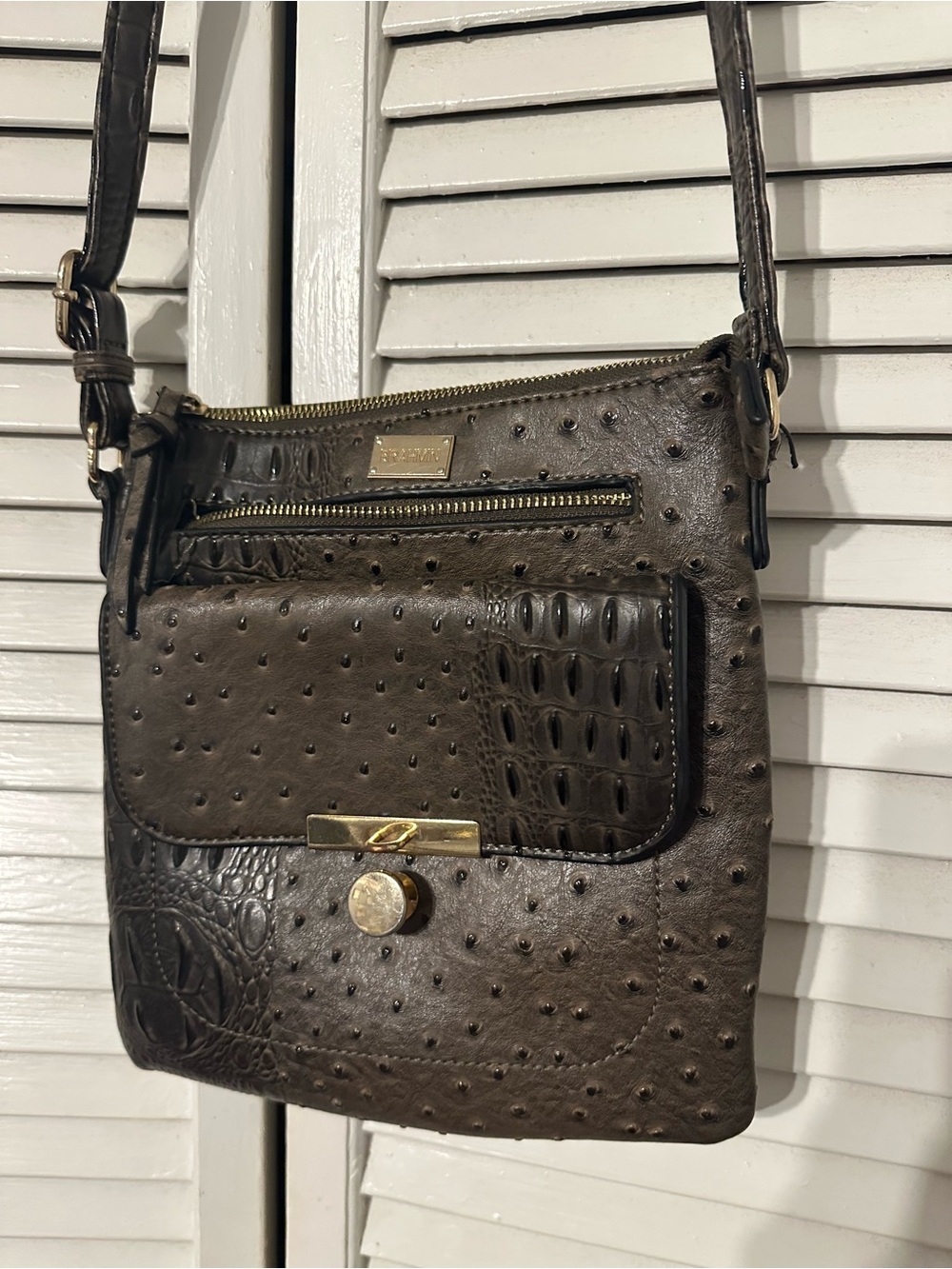 Brahmin Dark Brown Ostrich-Embossed Leather Crossbody Shoulder Bag - Picture 2 of 7